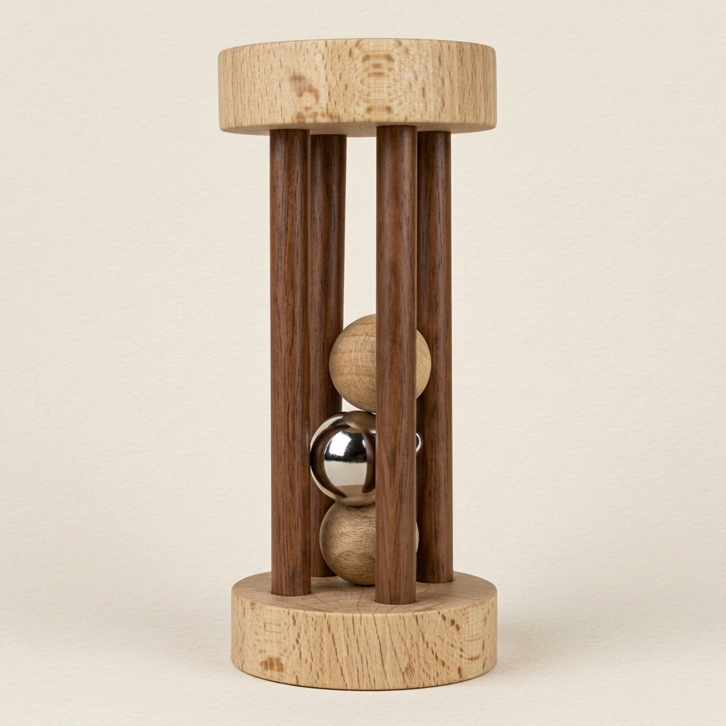 Rodari de madera con cascabel, con tapas de haya natural, barrotes marrones y dos bolas de madera en su interior.