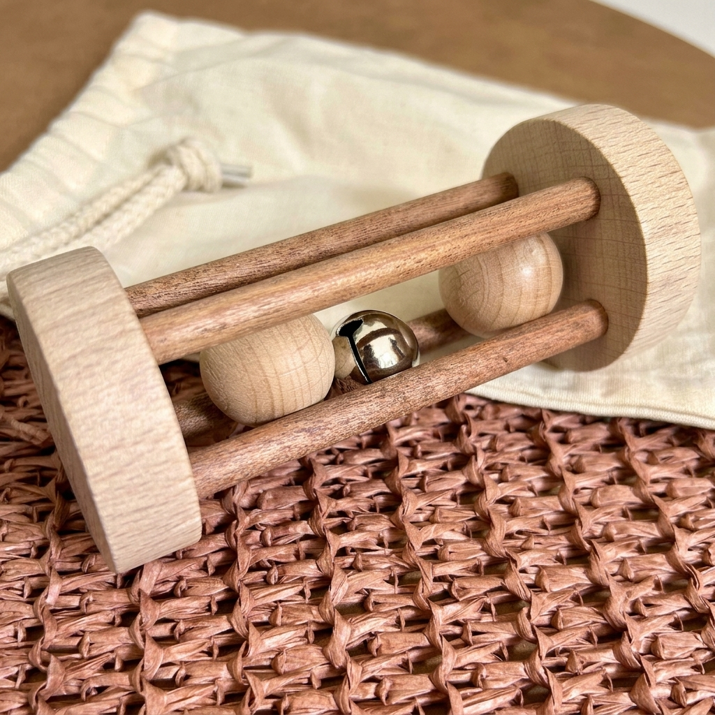 Rodari de madera con cascabel tumbado sobre una tela de punto rosada, junto a una bolsa de algodón.