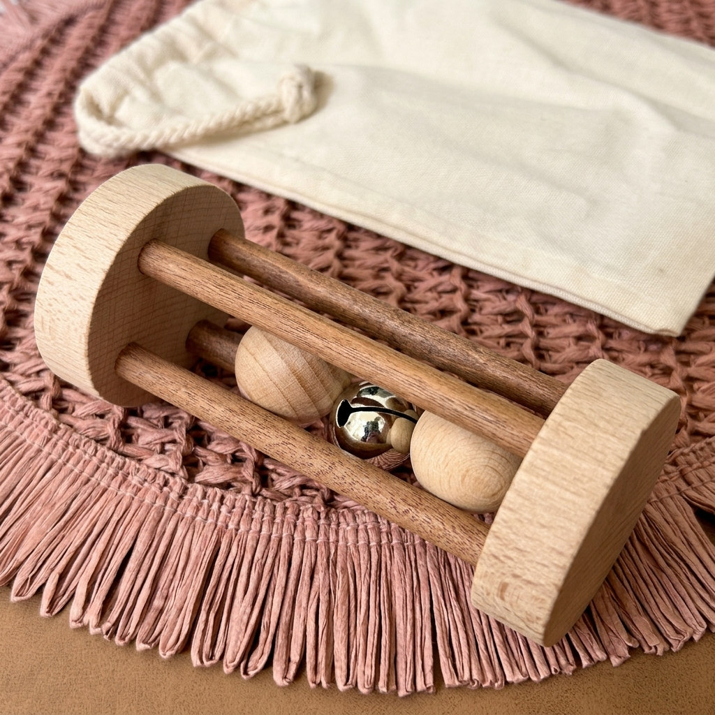 Rodari de madera con cascabel sobre una tela de punto rosada.