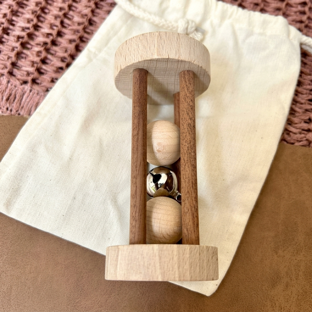 Rodari de madera con cascabel sobre una bolsa de algodón.