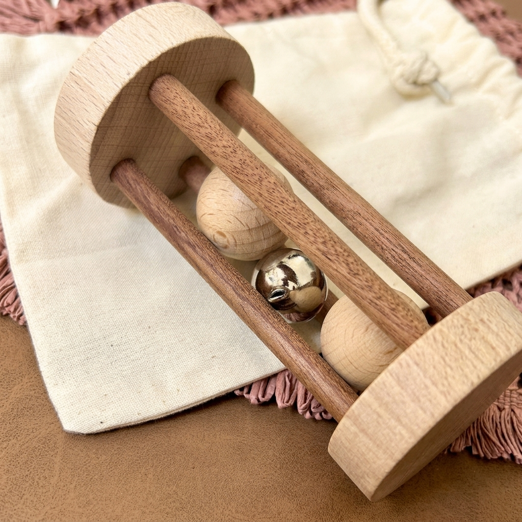 Rodari de madera con cascabel tumbado junto a una bolsa de algodón.