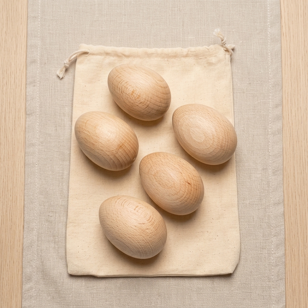 Cinco huevos de madera de haya sobre bolsa de algodón y tela de lino, en fondo de madera.