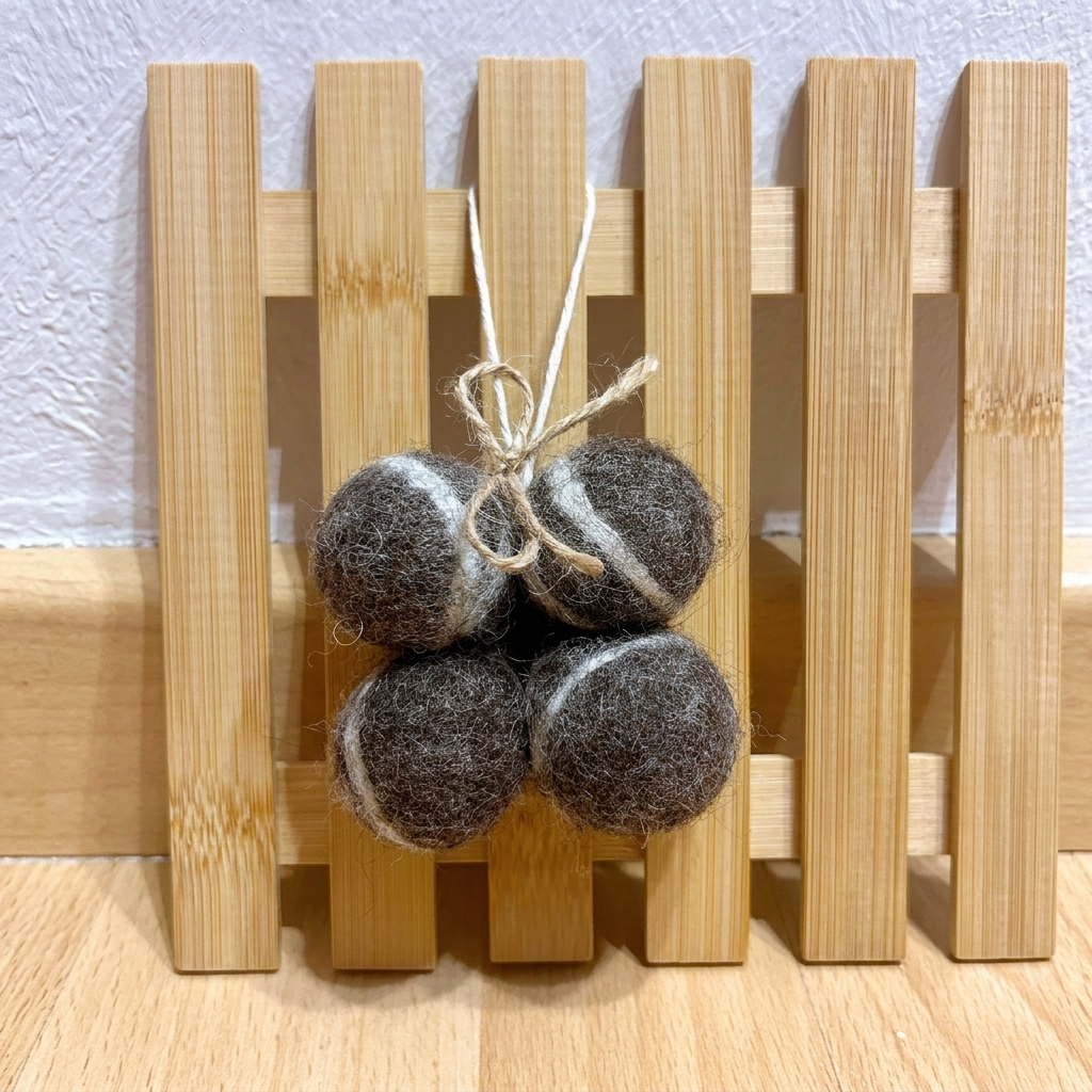 Minicolgante de cuatro bolas de fieltro jaspeadas en color gris oscuro, colgado sobre un panel de bambú.