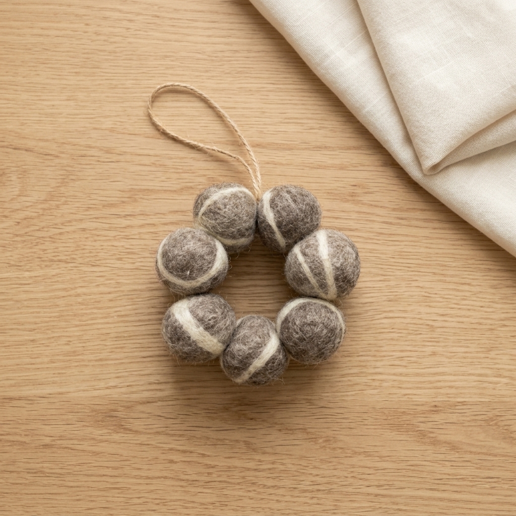 Colgante de siete bolas de fieltro jaspeadas en gris claro sobre suelo de madera.