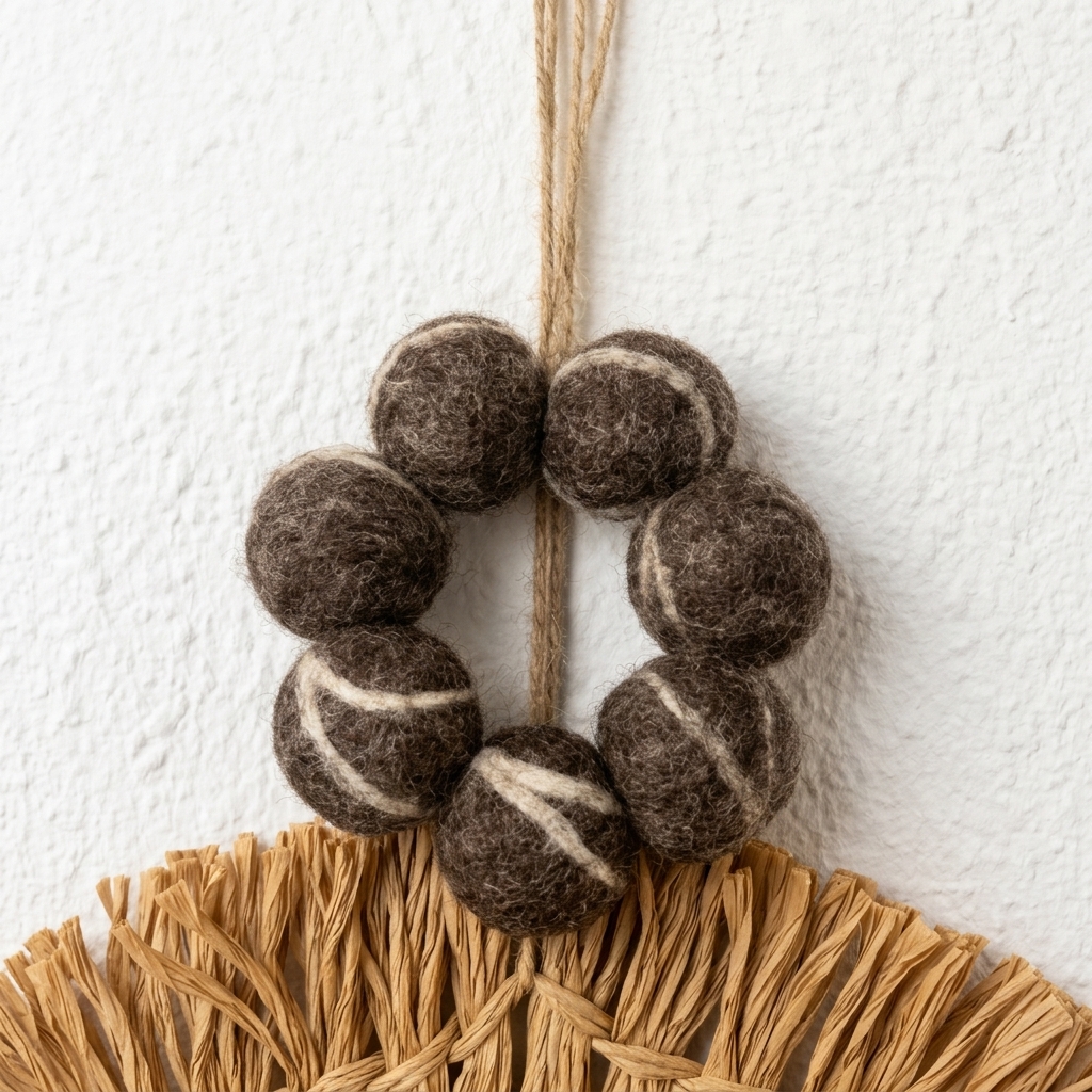 Colgante de siete bolas de fieltro jaspeadas en gris oscuro sobre una pieza de fibra natural trenzada.