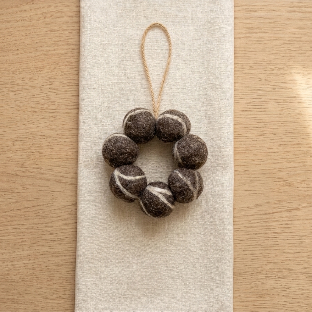 Colgante de siete bolas de fieltro jaspeadas en gris oscuro sobre tela natural en suelo de madera.
