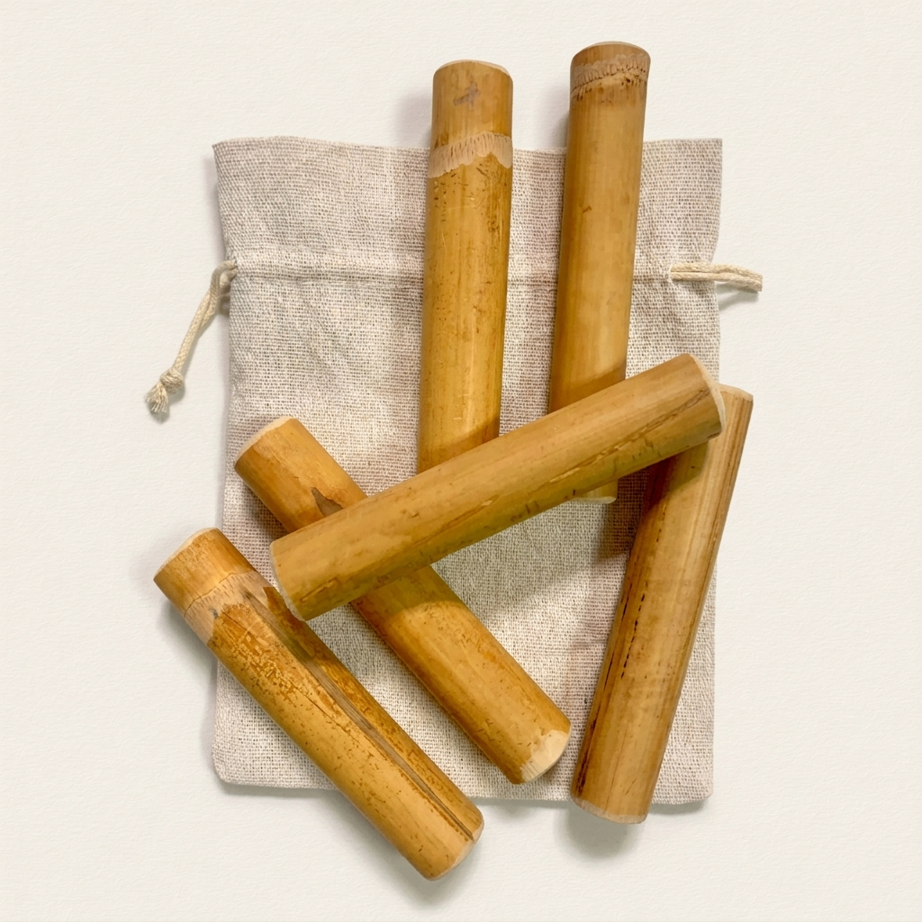 Palos de bambú para bebés: seis palos de bambú natural macizo, de tono miel, con nudos y marcas naturales, sobre una bolsita de algodón crudo y fondo claro.