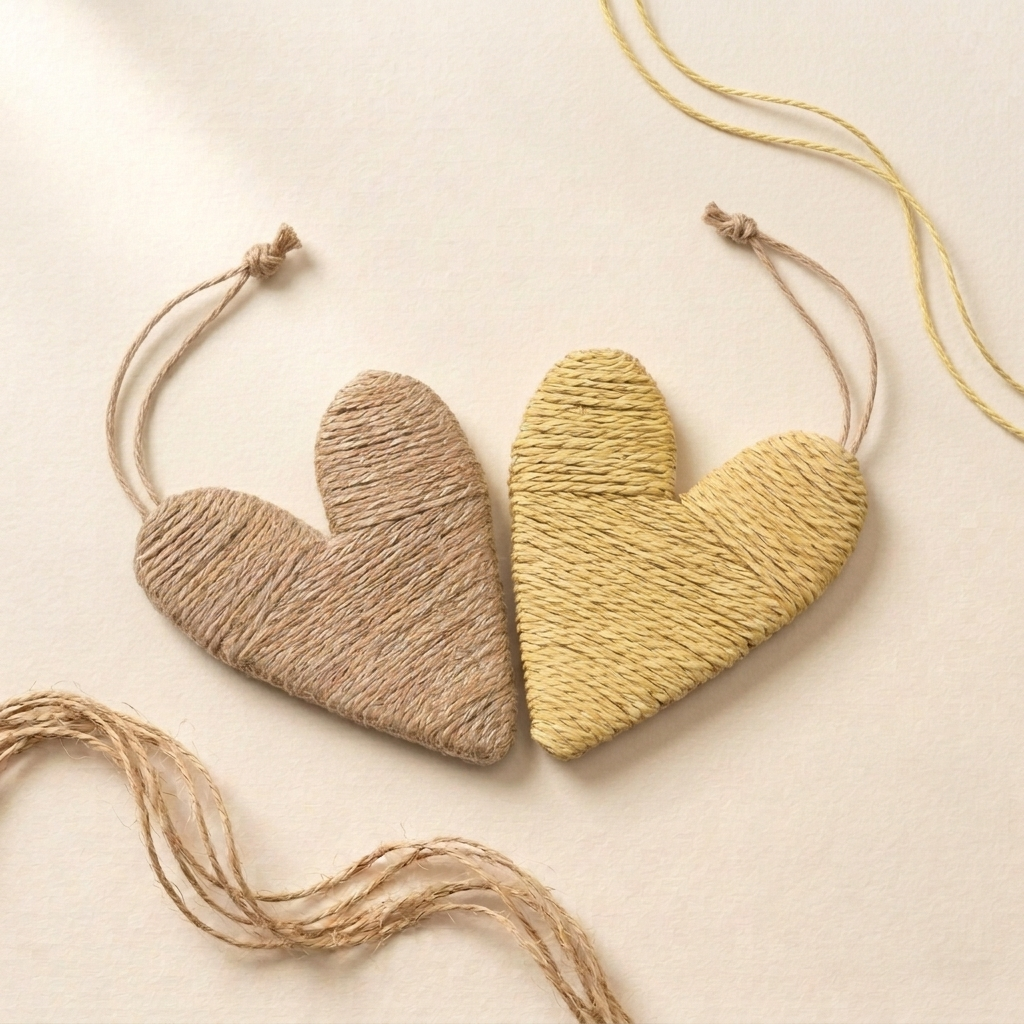 Dos corazones colgantes de cáñamo y rafia sobre fondo claro, junto a hebras sueltas de cáñamo y de rafia.